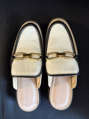 Charles & Keith Cream and Black Mule Loafers with Gold Hardware